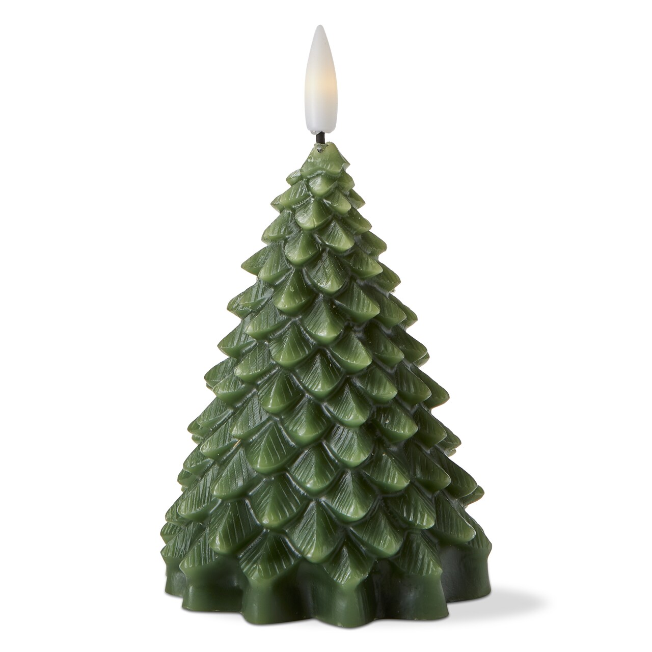 Pine Tree LED Flameless Candle - Small Sculpted Christmas Decor, Green Wax, 5.75" H x 3" L x 3" W, Wipe Clean